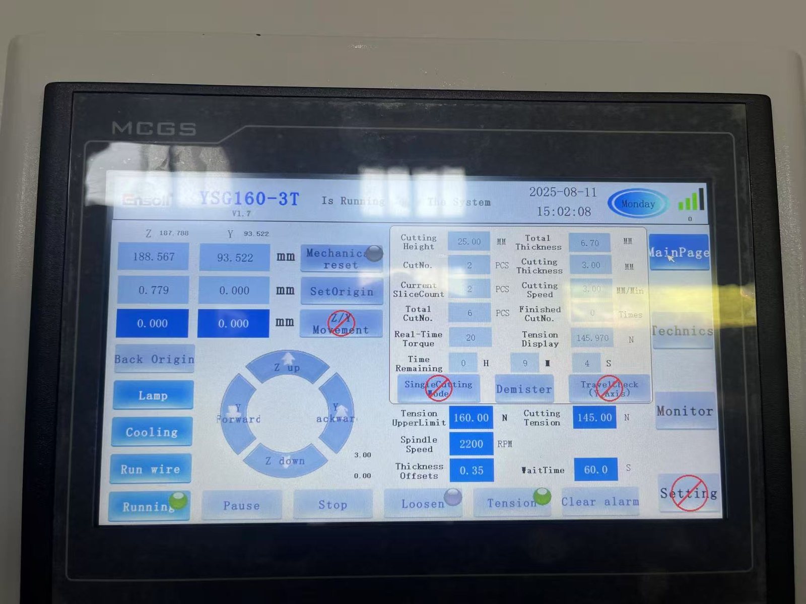 Machine control panel during the glass tube slicing test, showing 145.00 N cutting wire tension, 60.0 s wait time and 20 N m cutting load