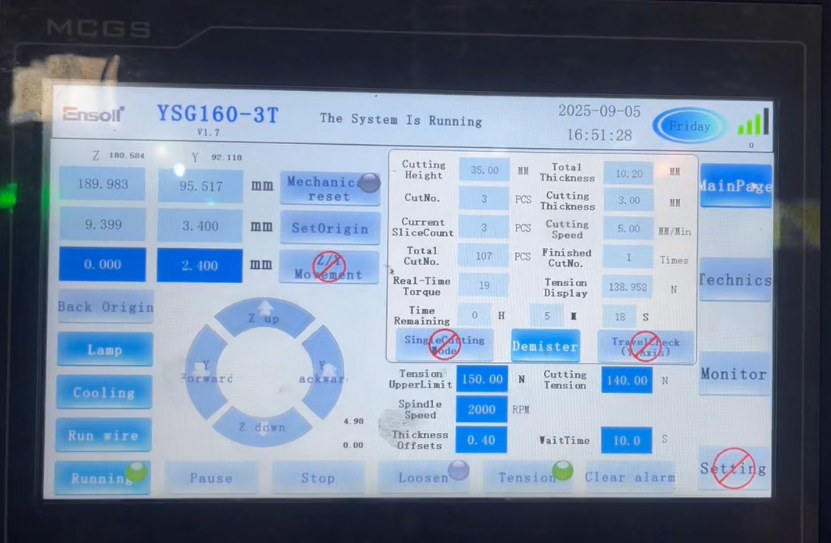 Cutting process parameter interface on the ESO-GM control panel