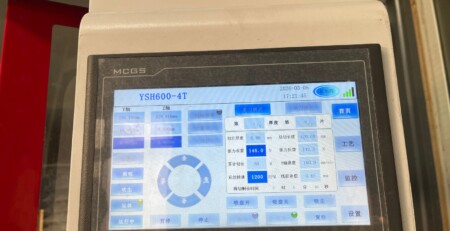 Control panel of the ESH600-4T diamond wire saw showing PMI foam cutting parameters: 0.80 mm slice thickness, 145.0 N wire tension, 100.0 mm/min feed